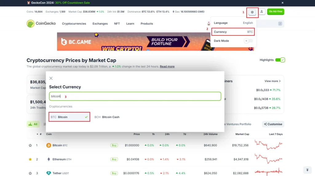 Change currency unit to Bitcoin