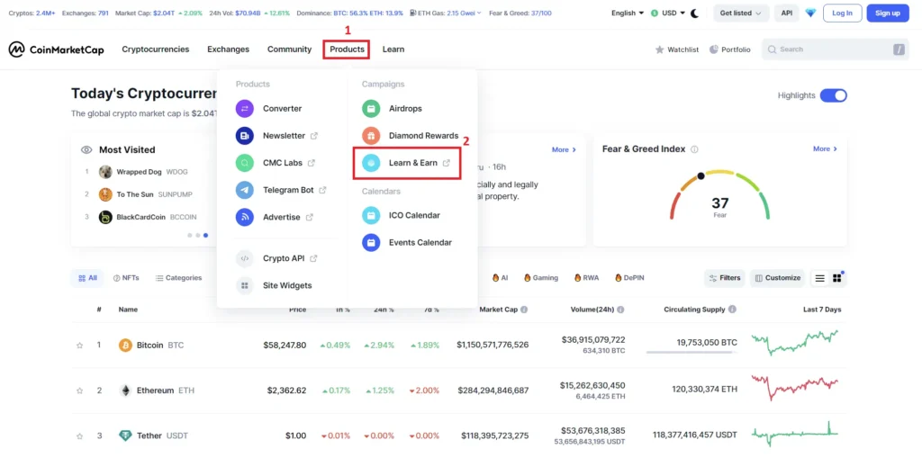Learn and earn on Coinmarketcap
